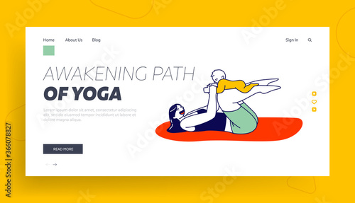 Mother and Child Training Landing Page Template. Female Character Fitness, Yoga or Aerobics Exercise with Baby Health