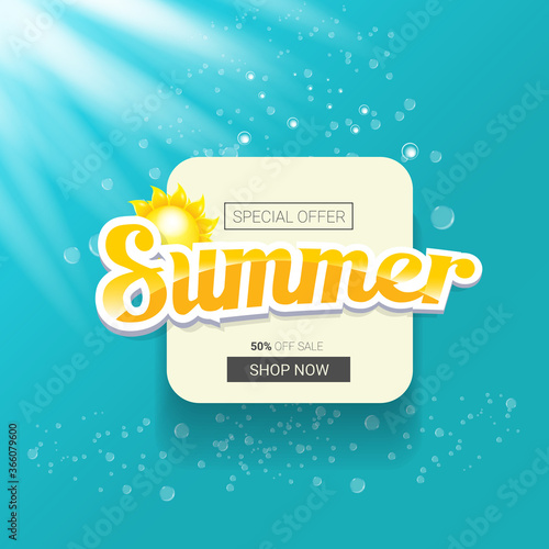 vector special offer summer label design template . Summer sale banner or badge with beautiful sun and calligraphic text on azure background with sun lights