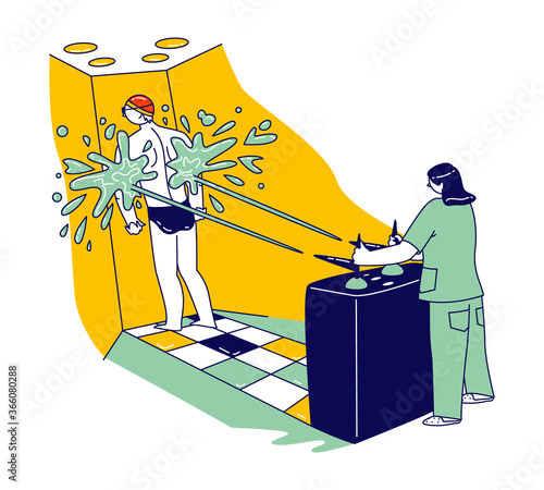 Young Man in Swimsuit Apply High Pressure Massage with Charcot Shower in Spa Salon or Sanatorium, Hydromassage Procedure