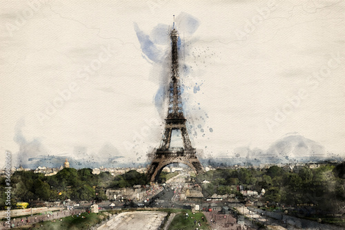 Paris Eiffel Tower landscape expressed in watercolors.