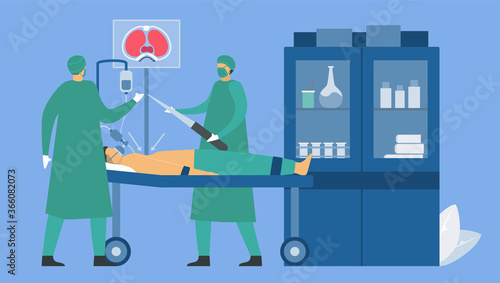 Doctors are operating a patient that is pectus excavatum. Pulmonology vector illustration about restrictive lung disease.