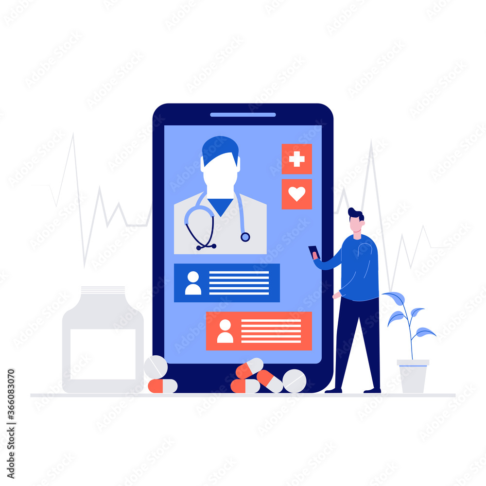 Online medicine, telemedicine vector illustration concept with characters.Modern vector illustration in flat style for landing page, mobile app, poster, flyer, web banner, infographics, hero images
