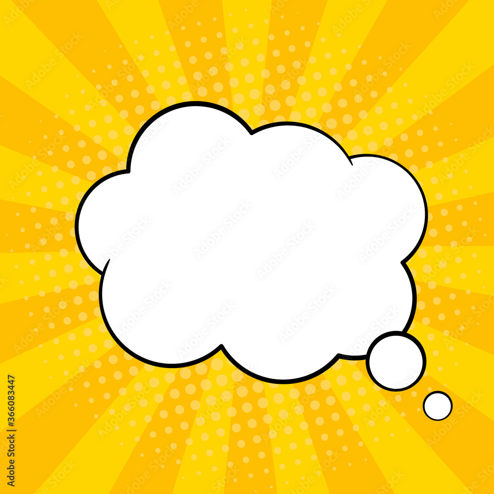 Pop art comic speech bubble. Vector yellow retro sunshine background with  empty thought balloon or shouting box for text in comic book. Talking  expression cloud shape on orange pattern. Stock Vector