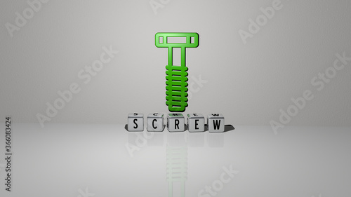 3D representation of SCREW with icon on the wall and text arranged by metallic cubic letters on a mirror floor for concept meaning and slideshow presentation