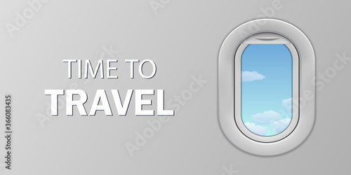 Airplane window on brochure for travel concept. Flyer with aircraft illuminator for vacation flight tour. Vector card with inside view from airplane. Design leaflet for tourism airline.