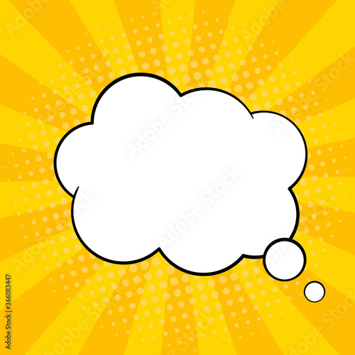 Pop art comic speech bubble. Vector yellow retro sunshine background with empty thought balloon or shouting box for text in comic book. Talking expression cloud shape on orange pattern.