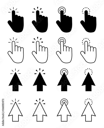 Click icon set vector. Mouse pointer, computer cursor for web, app. Here point, flat hand click icons. Finger press button. Touch sign for graphic and internet interface.