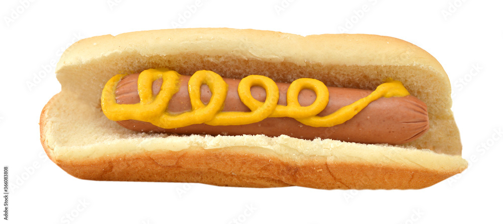 Close-up image of a hotdog sandwich with yellow mustard sauce on a white background Close-up image of a hotdog sandwich with yellow mustard sauce on a white background