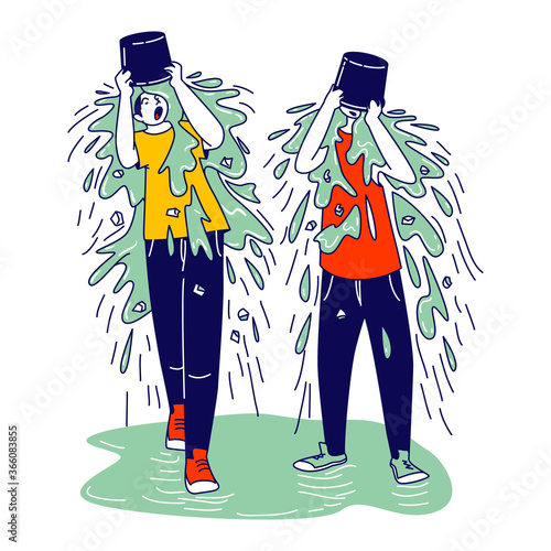 Young People Temper, Pouring Ice Water Bucket on Head Getting Wet Outdoors Support Internet Viral Internet Challenge