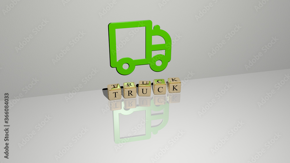 3D illustration of truck graphics and text made by metallic dice letters for the related meanings of the concept and presentations. car and cargo 3D illustration of truck graphics and text made by metallic dice letters for the related meanings of the concept and presentations. car and cargo