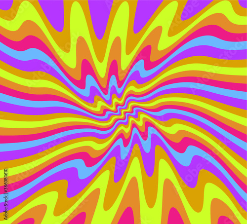 Trippy Retro Background for 60s-70s Parties with Bright Acid Rainbow Colors and Groovy Geometric Wavy Pattern in Pop Art style. Conceptual illustration for LSD trip or other psychedelic experiences.