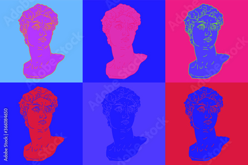 Pop art style collage with colorful gypsum heads.
