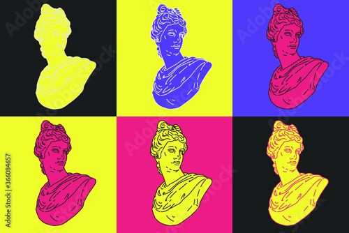 Pop art style collage with colorful gypsum heads. Illustration with psychedelic trippy vibe.