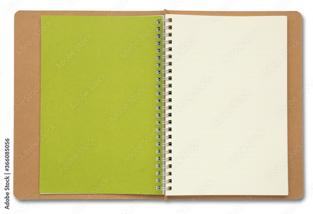 Brown spiral notebook opened on green page isolated on white background Brown spiral notebook opened on green page isolated on white background