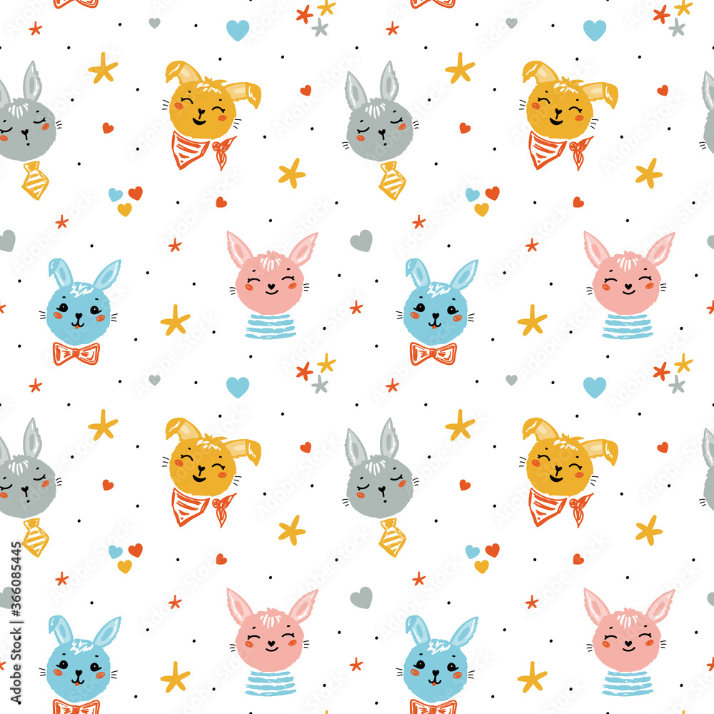 Fototapeta Cute Bunnies Vector Seamless Pattern. Easter Little Rabbit Faces with Stars and Hearts. Doodle Bunny Heads. Cartoon Animal Background for Kids Fashion, Nursery, Baby Shower Scandinavian Design