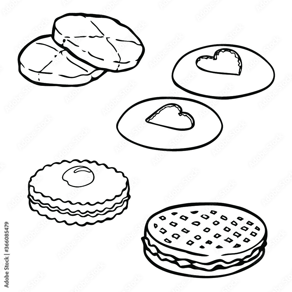 Hand drawn set of biscuits, sketch style vector illustration isolated on white background. 