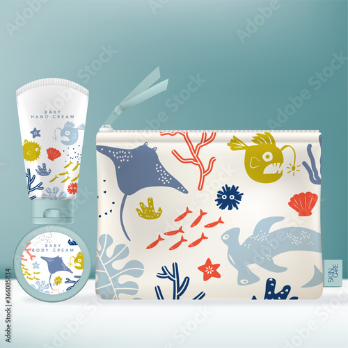 Vector Toiletries Dispenser Bottle for Beauty or Skincare Product. Kids or Children Underwater World Theme Pattern.