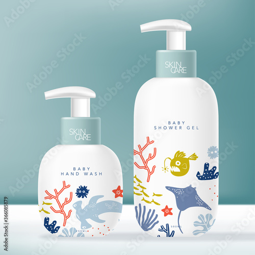 Vector Toiletries Dispenser Bottle for Beauty or Skincare Product. Kids or Children Underwater World Theme Pattern.