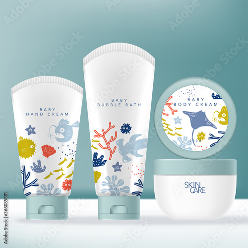 Vector Toiletries, Beauty or Skincare Product Packaging with Tube & Jar. Kids or Children Underwater World Theme Pattern.