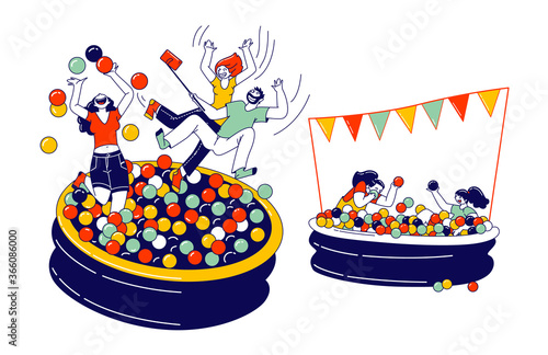 Happy Kids and Adult Characters Playing in Ball Pool. Amusement Park Recreation, Birthday or Event Celebration, Fun
