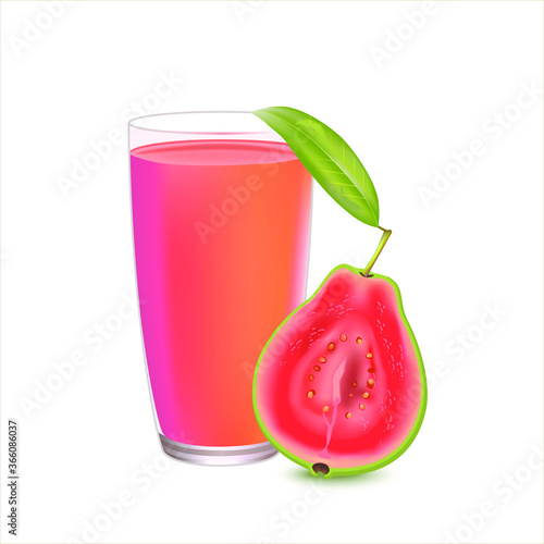 Organic guava juice in glass cup isolated on white background with fresh guavas. Tropical fruit