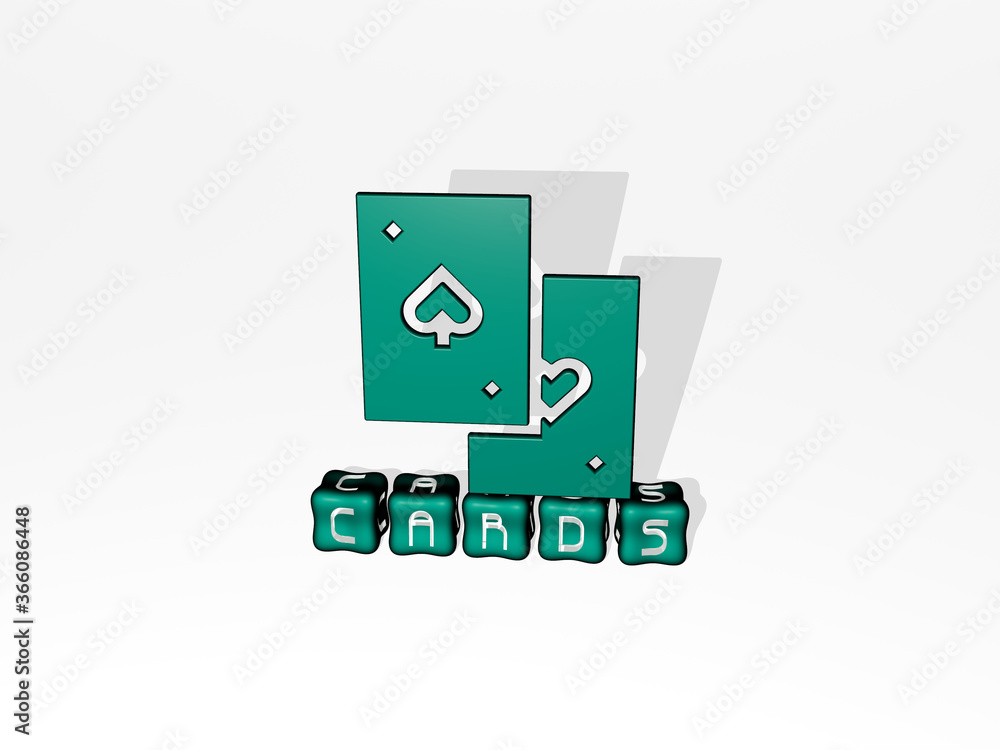 Obraz premium 3D illustration of cards graphics and text made by metallic dice letters for the related meanings of the concept and presentations. background and design