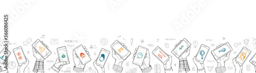Hand Drawn Doodle Human Hands Holding Smartphone and Social Media Icons. Web Banner Horizontal Border Seamless Pattern. Vector illustration
