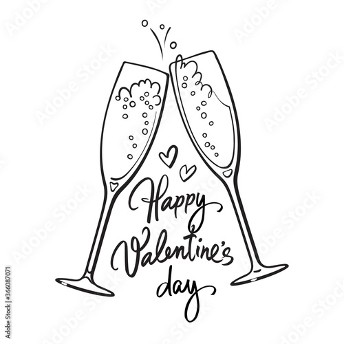 Happy Valentines Day handwritten calligraphic text with two sparkling glasses of champagne retro style illustration