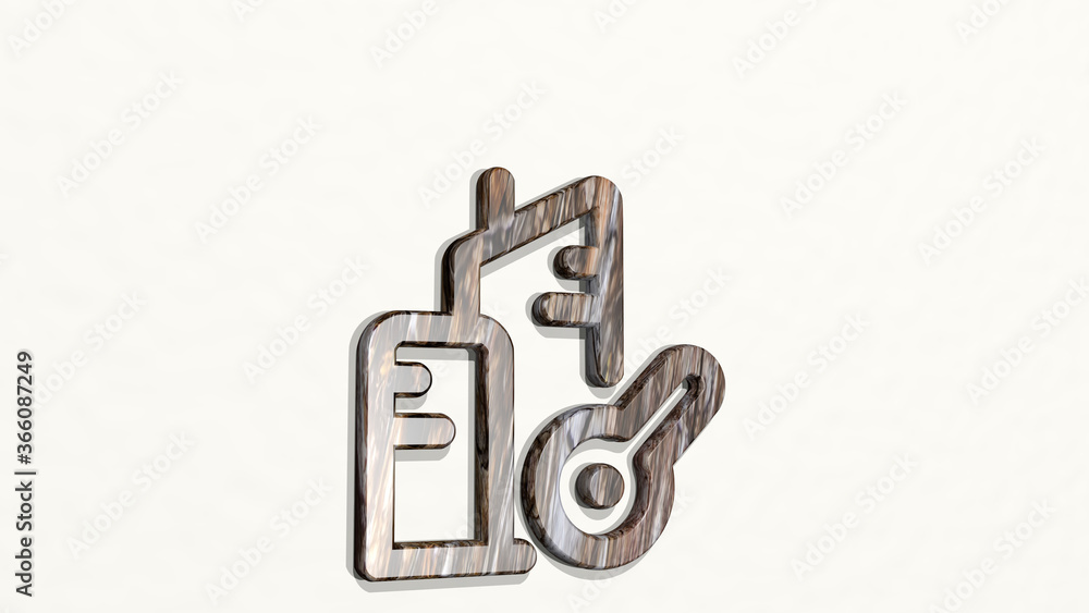 real estate action building key made by 3D illustration of a shiny metallic sculpture on a wall with light background. house and concept