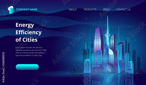 Fantastic city in the style of cyberpunk. Vector illustration in retro style in neon colors. Night city of the future. The first screen template for the landing page.