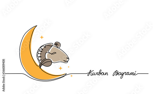 Kurban Bayrami simple vector background, web banner with sheep goat and crescent. One continuous line drawing of sheep and moon for Kurban Bayrami.