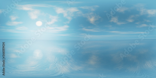 Obraz na płótnie 8K: blue sky with a few clouds and a bright sun reflecting in calm water (360 degree HDRI map render for spherical nature background environment and 3d equirectangular panorama) w salonie