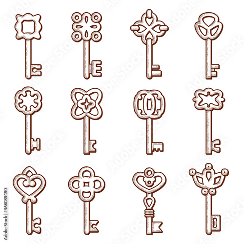 Keys icon. Silhouettes of keys and locks old victorian style vector elegant logo collection. Key lock symbol, house security safety illustration
