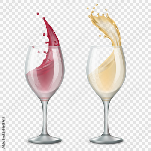 Glass wine. Alcoholic drinks splashes flowing red and white drops vector realistic illustrations. Wine drink, winery alcohol in glass