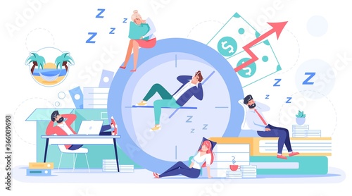 Employee sleeping at workplace. Overworked man woman worker falling asleep on alarm clock, office desk wasting time postponing work. Businesspeople taking nap. Procrastination, laziness