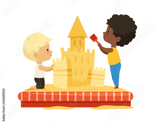 Boys building sand castle. Children play together, multicultural friendship concept. Isolated cartoon kids vector illustration. Children in sand pit, cute activity outdoor