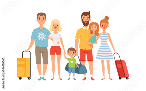 Vacation with friends. Families with children, tourists with luggage and bags. Isolated characters go on vacation vector illustration. Journey holiday, travelling boarding to adventure