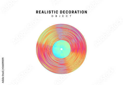 Flat Round music vinyl plate. Realistic shape 3d objects with gradient holographic color of hologram. Decorative design elements isolated on white background. vector illustration.
