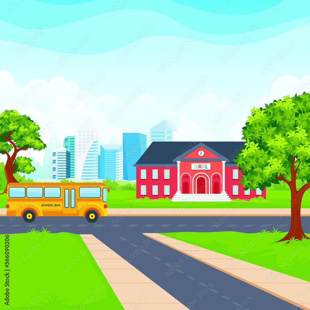 Back to School banner template. with Nature landscape, School building, school bus and Nature green field scenery Background