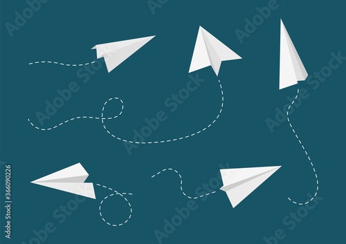 Flying paper planes. Airplane paths, white aircrafts vector collection. Plane origami, aviation flight paper, aircraft and airplane illustration
