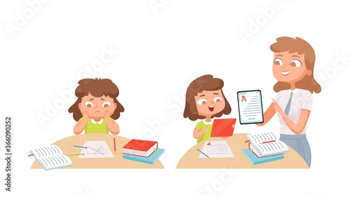 Girl studying. Self education, teacher helps student. Individual training, problems with learning material vector illustration. Teacher and girl, study homework, education school