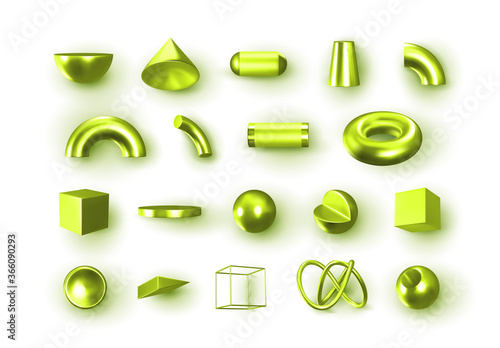 Set of 3d green Geometric Shapes Objects. Realistic geometry elements isolated on white background, on metallic color gradient. Render Decorative figure for design. vector illustration