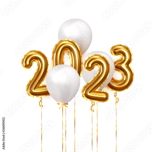 Happy New Year 2023. Background realistic golden balloons. Decorative design elements. Object render 3d ballon with ribbon. Celebrate party Poster, banner, greeting card. Festive Vector illustration.