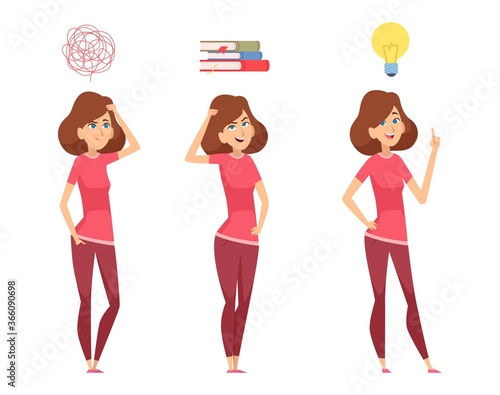 Woman find solution. Thinking girl, isolated female looking for answers to questions vector illustration. Woman confused, find answer, solution problem