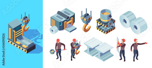 Metallurgy factory. Iron manufacturing heavy steel foundry production vector isometric illustration. Metallurgical technology process, production equipment