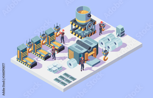 Steel factory. Foundry metallurgy processes in factory interior isometric workers vector. Manufacture melted, engineering metalwork illustration