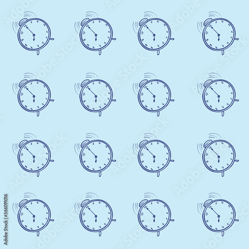 Pattern of a vector illustration of an alarm clock on a blue background. Watch line art concept. Stock image.