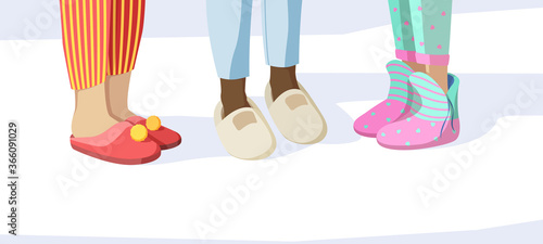 Legs in slippers. Pajama party concept kids in night clothes textile soft sandals vector pictures set. Girl comfortable clothing, footwear and slippers for pajama party illustration