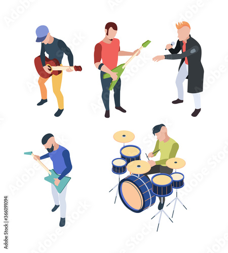 Rock band. Isometric musician people with instruments guitars drum and microphone vector rock concert characters. Concert rock, musician guitarist and microphone illustration