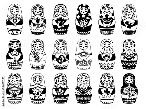 Russian dolls collection. Monochrome traditional female toy floral decoration moscow woman authentic russian faces vector set. Traditional handmade, handcrafted female matreshka illustration